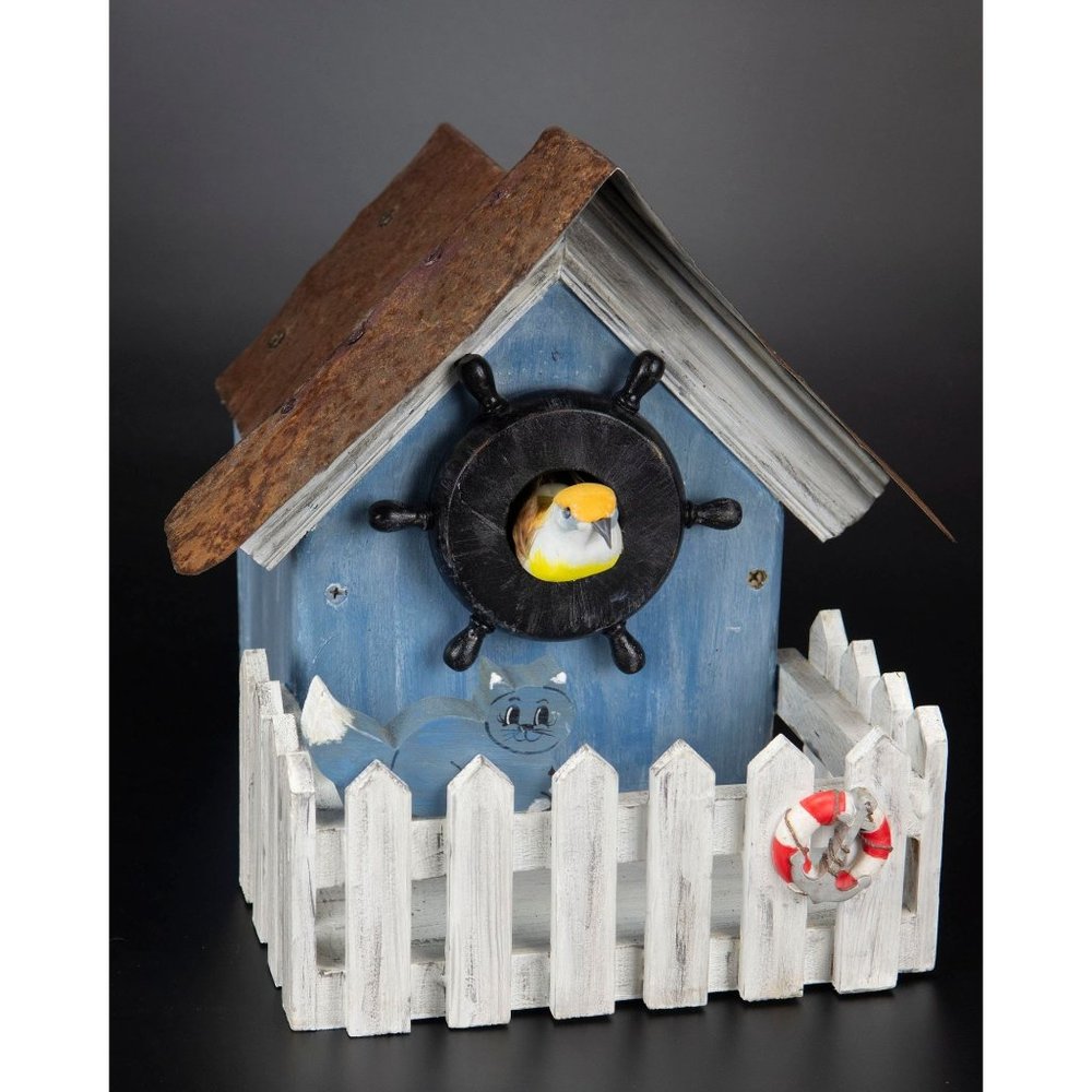 Rustic Nautical Blue Birdhouse Picket Fence Tin Roof‎ Upcycled